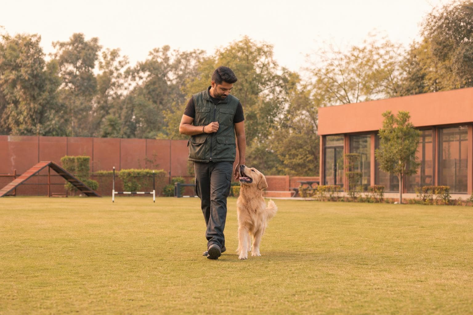 Professional dog trainer working with a dog outdoors